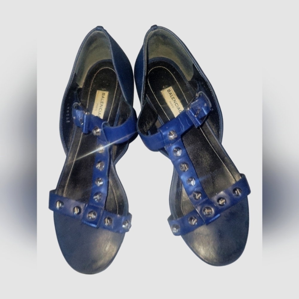 Balenciaga Paris Women's Silver Studs Navy T-strap Buckle Fastener Sandals Sz 38 - Picture 1 of 10